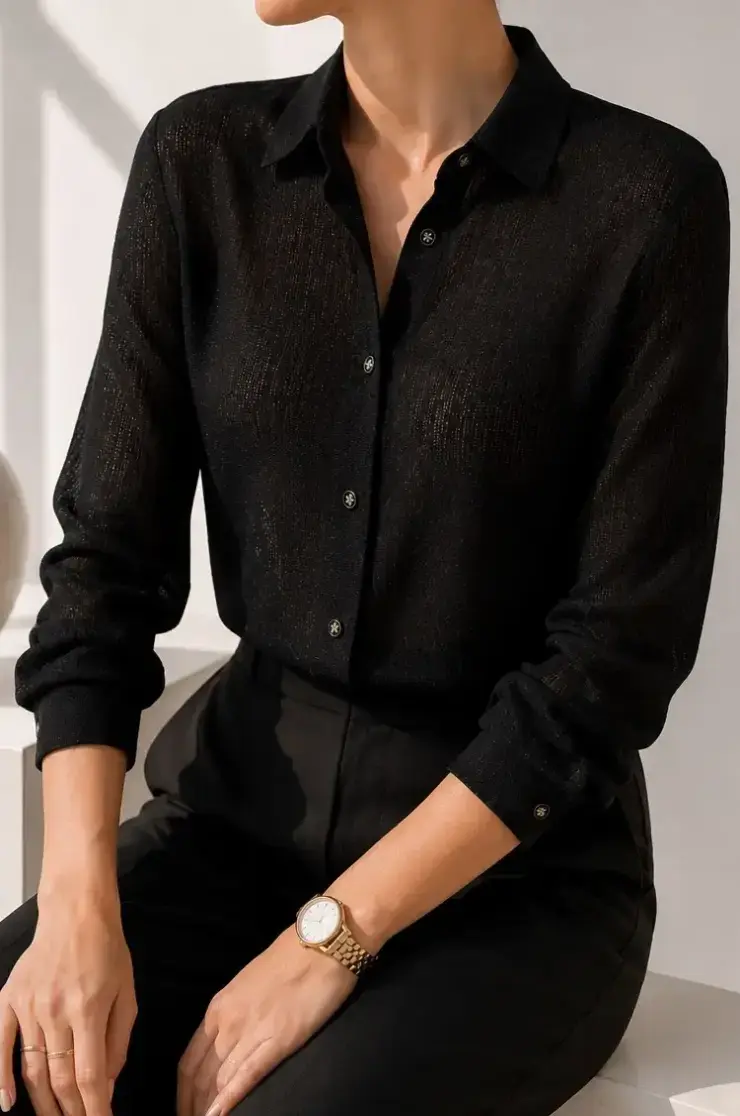 شومیز زنانه مشکی کریشه پفکی یقه پایه دار لیندا (linda) سین استایل